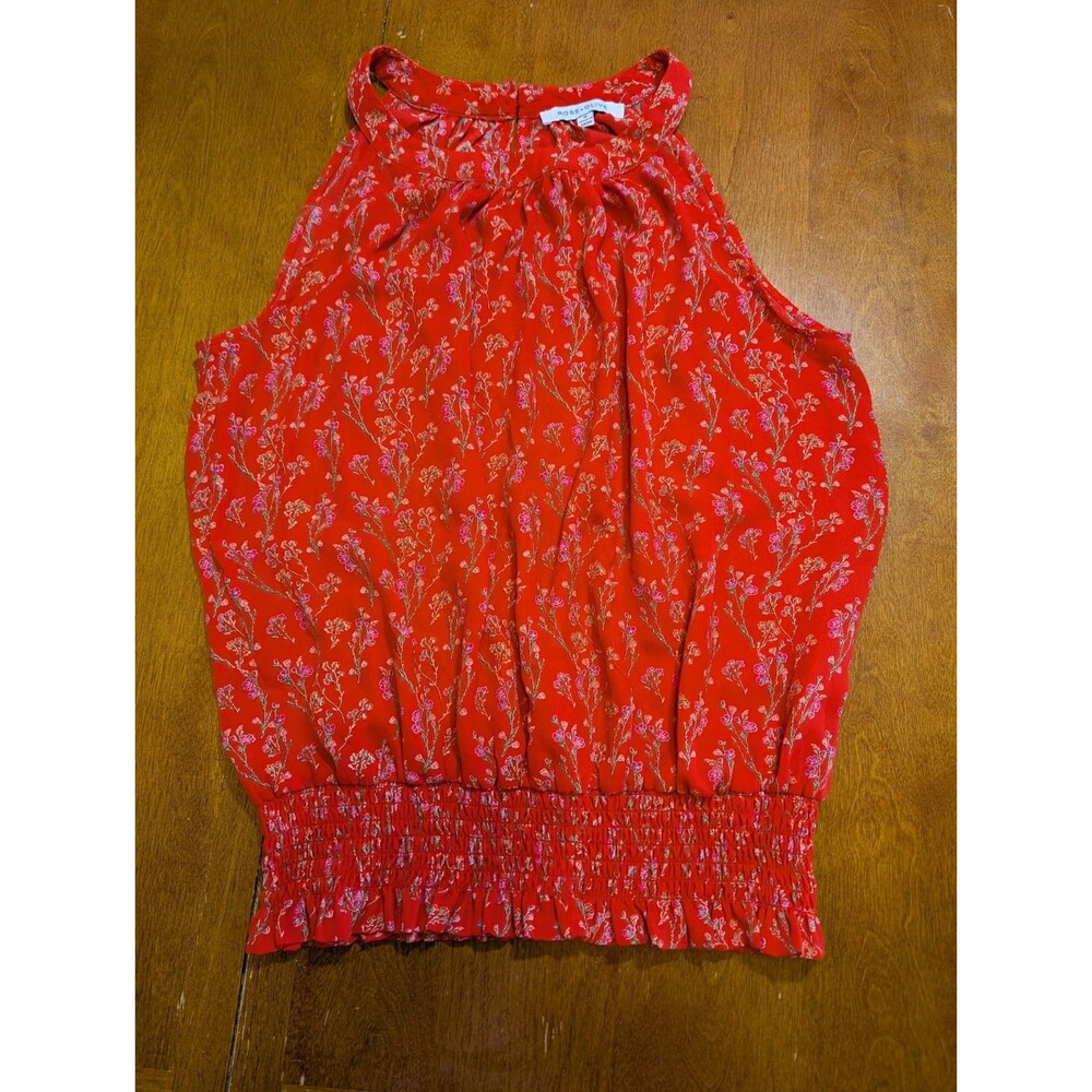 Rose + Olive Red Floral Smocked Waist Halter Blouse Sleeveless Top Medium Boho